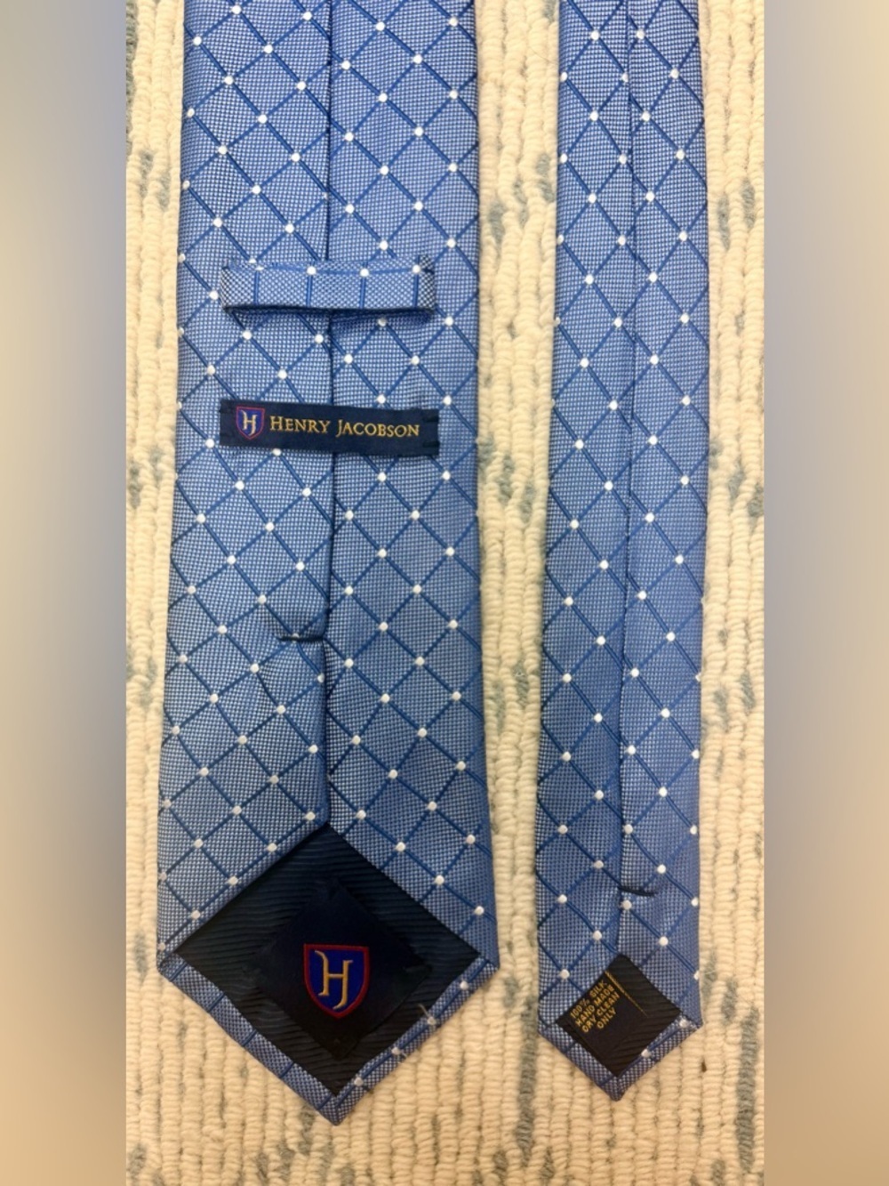 HENRY JACOBSON 100% Silk Handmade Blue Diamond Geometric Pattern Men’s Necktie - Picture 10 of 12